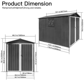 Motorcycle Outdoor Steel Storage Shed with Window, Tracks and Fixtures, Weather-Resistant Metal Bike Garage, Grey