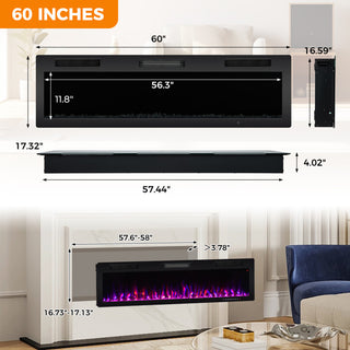 Electric Fireplace 40/50/60 Inches Recessed and Wall Mounted for 2 x 6 Ft Stud