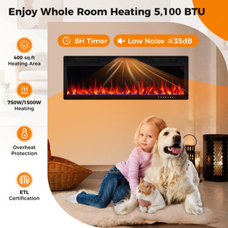 Electric Fireplace 40/50/60 Inches Recessed and Wall Mounted for 2 x 6 Ft Stud