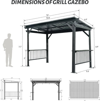 Hardtop Grill Outdoor BBQ Gazebo with 2 Side Shelves and Sloping Galvanized Steel Roof, Metal Permanent Grill Canopy with Ceiling Hooks