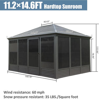 Solarium Aluminum Hardtop Gazebo with Galvanized Steel Roof, Movable PVC Screen Walls, Sliding Doors