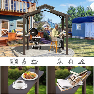Hardtop Grill Outdoor BBQ Gazebo with 2 Side Shelves and Sloping Galvanized Steel Roof, Metal Permanent Grill Canopy with Ceiling Hooks