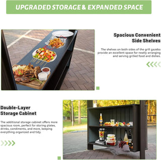 Hardtop Grill Outdoor BBQ Gazebo with 2 Side Shelves and Sloping Galvanized Steel Roof, Metal Permanent Grill Canopy with Ceiling Hooks