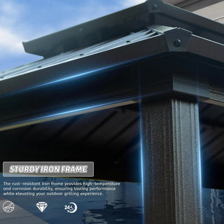 Hardtop Grill Outdoor BBQ Gazebo with 2 Side Shelves and Sloping Galvanized Steel Roof, Metal Permanent Grill Canopy with Ceiling Hooks