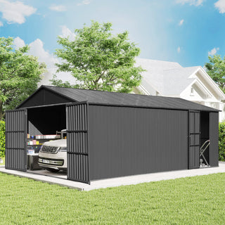 Outdoor Metal Garage Shed, Extra Large Metal Carport with Lockable Double Hinged Doors, Heavy Duty Car Shelter for Car, Truck, Motorcycle and Lawn Equipment, Grey