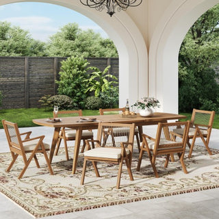 7-Piece Expandable Outdoor Dining Set – Acacia Wood Table & Rope Back Chairs