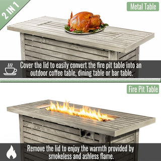 54" Propane Gas Fire Pit Table, 50000 BTU Rectangular Steel Fire Pit with Imitation Wood Grain Finish for Outside Patio Deck Garden Courtyard-Light Beige