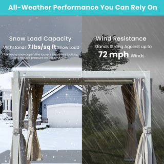 10x12/10x10 FT Outdoor Louvered Pergola with Adjustable Louvers-Brown/Gray/White