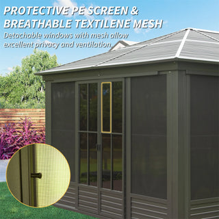 Solarium Aluminum Hardtop Gazebo with Galvanized Steel Roof, Movable PVC Screen Walls, Sliding Doors