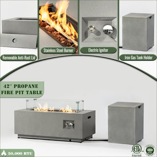 42" Propane Gas Fire Pit Table 2-Pieces, 50000 BTU Rectangular Steel Fire Pit with Glass Wind Guard for Outside Patio Deck Garden Courtyard -Light Gray