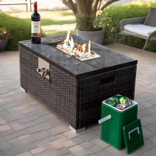 32" Propane Gas Fire Pit Table, 50000 BTU Rectangular Fire Pit, Tile Tabletop with Beautiful Wicker Base for Outside Patio Deck Garden Courtyard-Brown