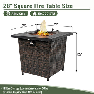 28" Propane Gas Fire Pit Table, 50000 BTU Square Steel Fire Pit with Beautiful Wicker Base for Outside Patio Deck Garden Backyard-Black