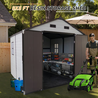 Outdoor Resin Storage Shed with Windows, Strong Aluminum Frame & Floor for Garden, Backyard Organization (White+Brown)