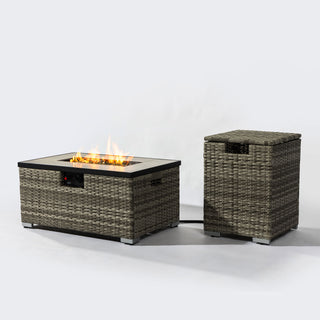 32" Propane Gas Fire Pit Table with Propane Tank Cover 2-Pieces, 50000 BTU Rectangular Steel Fire Pit with Beautiful Wicker Base for Outside Garden-Beige/Dark Gray