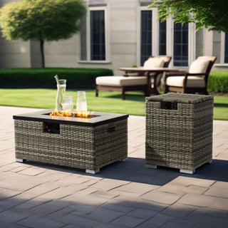 32" Propane Gas Fire Pit Table with Propane Tank Cover 2-Pieces, 50000 BTU Rectangular Steel Fire Pit with Beautiful Wicker Base for Outside Garden-Beige/Dark Gray