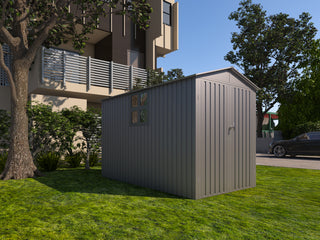 Motorcycle Outdoor Steel Storage Shed with Window, Tracks and Fixtures, Weather-Resistant Metal Bike Garage, Grey
