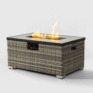 32" Propane Gas Fire Pit Table with Propane Tank Cover 2-Pieces, 50000 BTU Rectangular Steel Fire Pit with Beautiful Wicker Base for Outside Garden-Beige/Dark Gray
