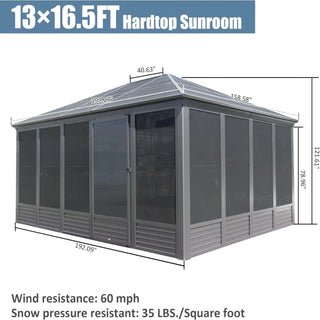 Solarium Aluminum Hardtop Gazebo with Galvanized Steel Roof, Movable PVC Screen Walls, Sliding Doors