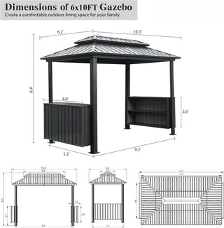Hardtop Grill Outdoor BBQ Gazebo with 2 Side Shelves and Sloping Galvanized Steel Roof, Metal Permanent Grill Canopy with Ceiling Hooks