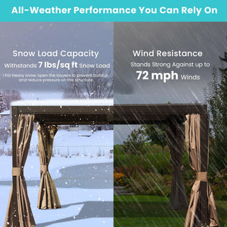 10x12/10x10 FT Outdoor Louvered Pergola with Adjustable Louvers-Brown/Gray/White