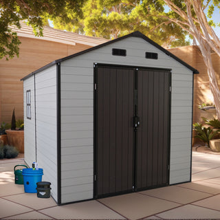 Outdoor Resin Storage Shed with Windows, Strong Aluminum Frame & Floor for Garden, Backyard Organization (White+Brown)