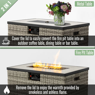 32" Propane Gas Fire Pit Table with Propane Tank Cover 2-Pieces, 50000 BTU Rectangular Steel Fire Pit with Beautiful Wicker Base for Outside Garden-Beige/Dark Gray