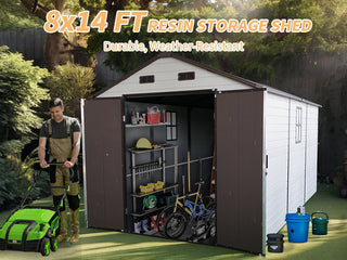 Outdoor Resin Storage Shed with Windows, Strong Aluminum Frame & Floor for Garden, Backyard Organization (White+Brown)