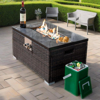 32" Propane Gas Fire Pit Table, 50000 BTU Rectangular Fire Pit, Tile Tabletop with Beautiful Wicker Base for Outside Patio Deck Garden Courtyard-Brown