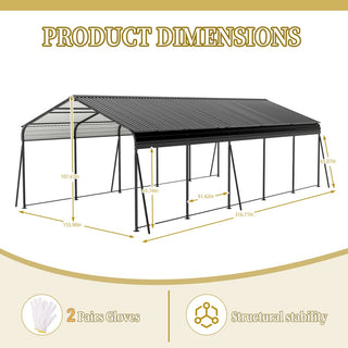 13 x 26.5 ft carport, 0.25mm thick, with protective film to prevent scratching, 2 pairs of adhesive gloves, 3 hooks, 12 expansion screws, 6 fixed iron pieces,versatile space