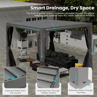 10x12/10x10 FT Outdoor Louvered Pergola with Adjustable Louvers-Brown/Gray/White