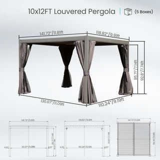 10x12/10x10 FT Outdoor Louvered Pergola with Adjustable Louvers-Brown/Gray/White