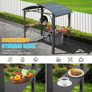 Hardtop Grill Outdoor BBQ Gazebo with 2 Side Shelves and Sloping Galvanized Steel Roof, Metal Permanent Grill Canopy with Ceiling Hooks