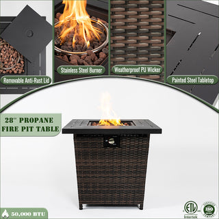 28" Propane Gas Fire Pit Table, 50000 BTU Square Steel Fire Pit with Beautiful Wicker Base for Outside Patio Deck Garden Backyard-Black