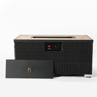 32" Propane Gas Fire Pit Table with Propane Tank Cover 2-Pieces, 50000 BTU Rectangular Steel Fire Pit with Beautiful Wicker Base for Outside Garden-Beige/Dark Gray