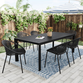 7-Piece Outdoor Modern Black Metal Table & Stackable Chairs - Polypropylene