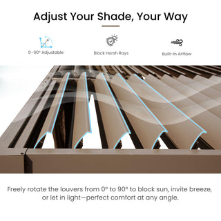 10x12/10x10 FT Outdoor Louvered Pergola with Adjustable Louvers-Brown/Gray/White