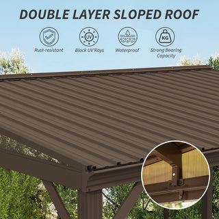 Hardtop Wall Mounted Gazebo with Sloping Galvanized Steel Roof, Aluminum Frame, Drainage System, Curtains and Netting, for Patio, Deck, Garden, Backyard