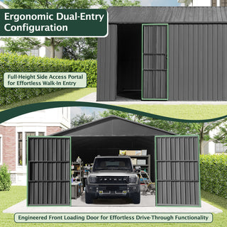Outdoor Metal Garage Shed, Extra Large Metal Carport with Lockable Double Hinged Doors, Heavy Duty Car Shelter for Car, Truck, Motorcycle and Lawn Equipment, Grey