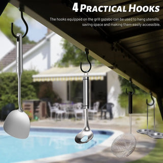 Hardtop Grill Outdoor BBQ Gazebo with 2 Side Shelves and Sloping Galvanized Steel Roof, Metal Permanent Grill Canopy with Ceiling Hooks