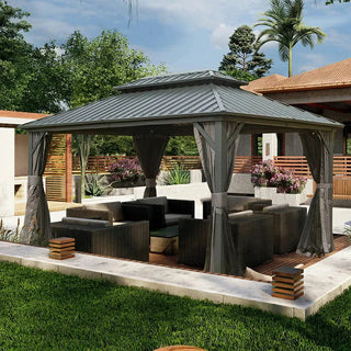 Aetherdome 10x12 FT Aluminum Hardtop Gazebo with Double Roof, Curtains & Netting