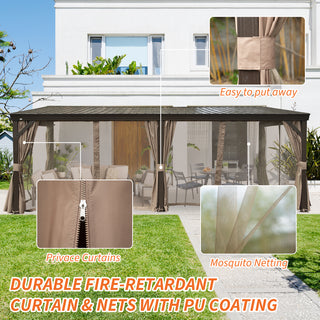 Hardtop Wall Mounted Gazebo with Sloping Galvanized Steel Roof, Aluminum Frame, Drainage System, Curtains and Netting, for Patio, Deck, Garden, Backyard