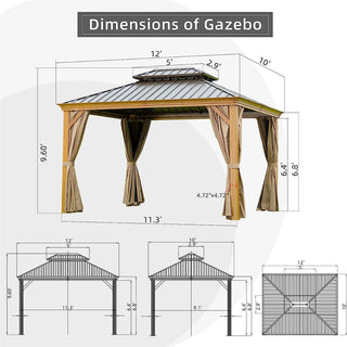 Aetherdome Wood-Looking Aluminum Pavilion Hardtop Gazebo with Galvanized Steel Double Roof, Curtains & Netting