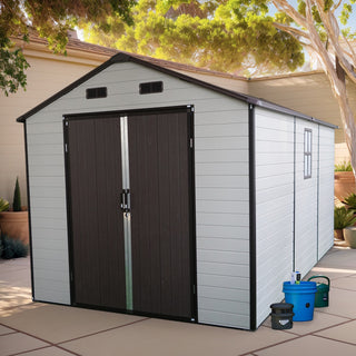 Outdoor Resin Storage Shed with Windows, Strong Aluminum Frame & Floor for Garden, Backyard Organization (White+Brown)