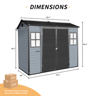 8x4ft Outdoor Resin Garden Shed with Floor and 2 Windows, Plastic Patio Outdoor Storage Shed with Lockable Door for Garden Tools, Bicycles, Trash Cans, Gray+Black