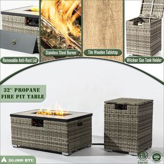 32" Propane Gas Fire Pit Table with Propane Tank Cover 2-Pieces, 50000 BTU Rectangular Steel Fire Pit with Beautiful Wicker Base for Outside Garden-Beige/Dark Gray