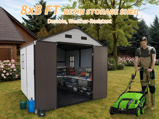 Outdoor Resin Storage Shed with Windows, Strong Aluminum Frame & Floor for Garden, Backyard Organization (White+Brown)