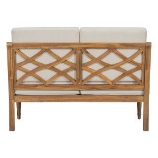 Outdoor Acacia Wood Loveseat with Cushions – Natural Finish & Beige Fabric, Durable Patio Seating