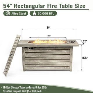 54" Propane Gas Fire Pit Table, 50000 BTU Rectangular Steel Fire Pit with Imitation Wood Grain Finish for Outside Patio Deck Garden Courtyard-Light Beige