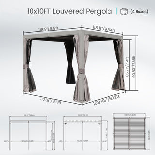 10x12/10x10 FT Outdoor Louvered Pergola with Adjustable Louvers-Brown/Gray/White
