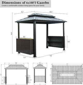 Hardtop Grill Outdoor BBQ Gazebo with 2 Side Shelves and Sloping Galvanized Steel Roof, Metal Permanent Grill Canopy with Ceiling Hooks
